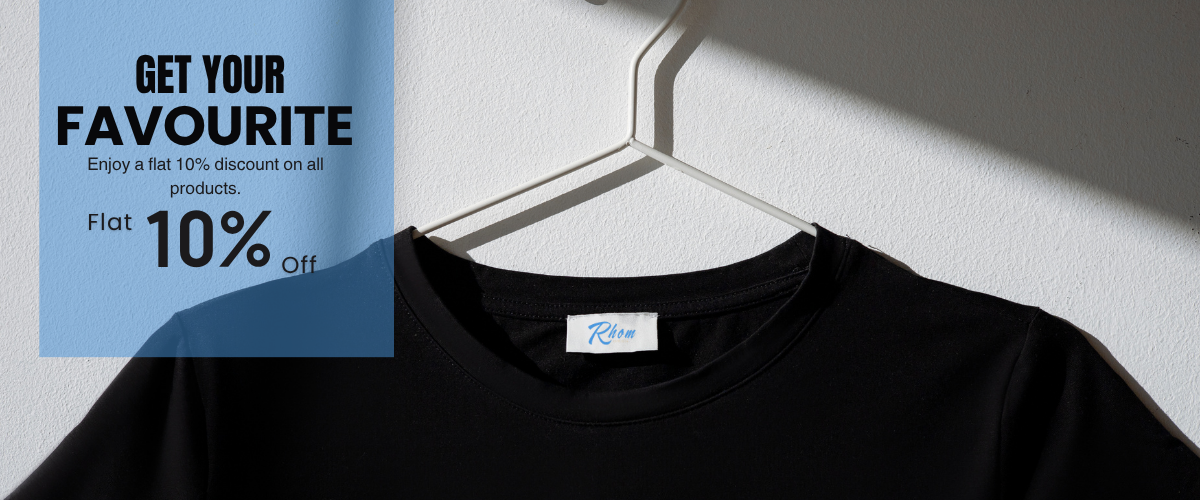 A black crewneck t-shirt hanging on a white plastic hanger against a white wall with dramatic diagonal shadows. A blue promotional overlay on the left reads 'GET YOUR FAVOURITE Flat 10% Off'.